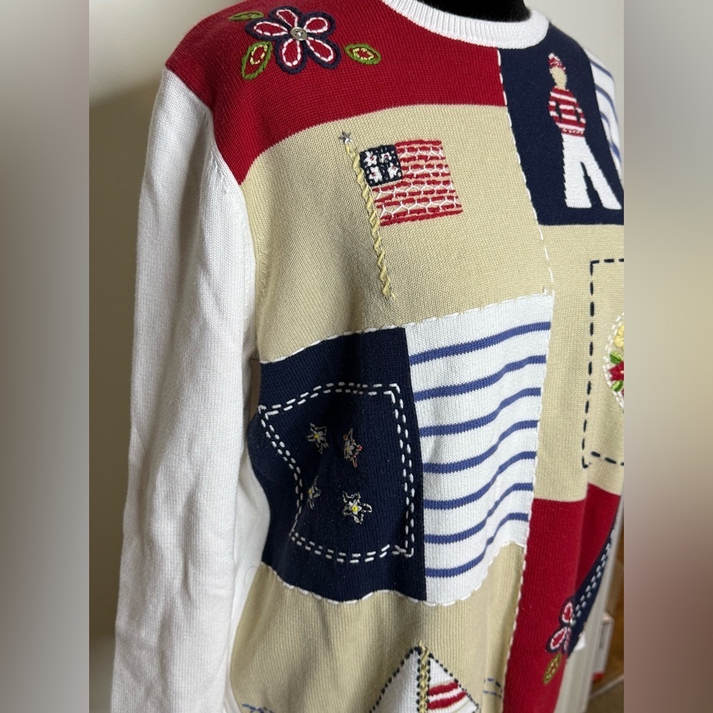 Alfred Dunner preppy Americana patriotic sweater nautical 100% cotton size Med - Picture 3 of 9
